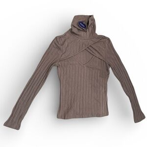 SweatyRocks Ribbed Long Sleeve Mock Neck Cutout Top Women’s Brown Taupe NWT Sz S